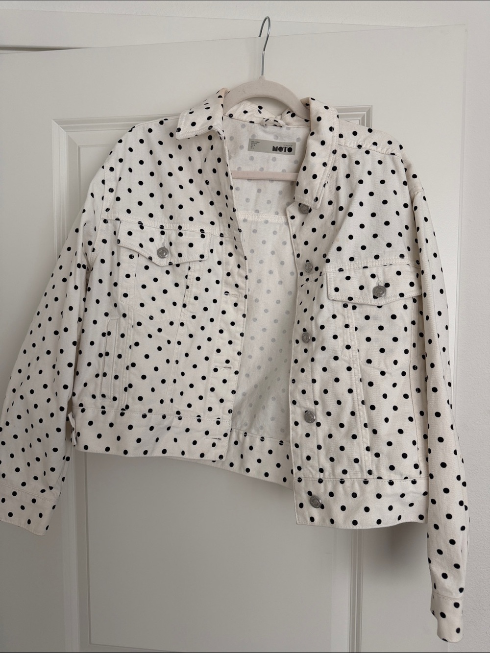 MOTF White Denim Jacket with Black Polka Dots